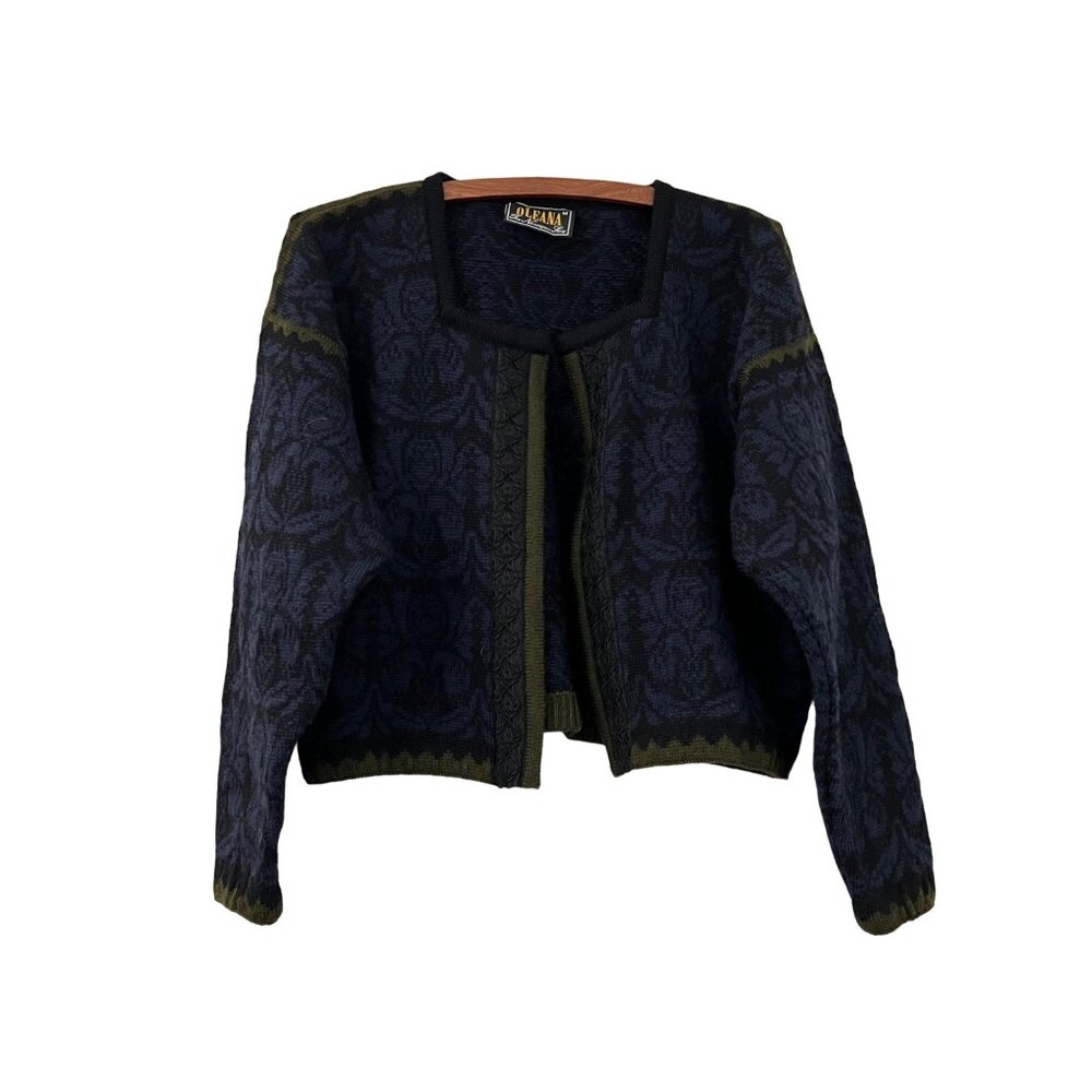 Oleana Womens Olive Navy Black The Norwegian Story Bolero Style Wool Sweater M